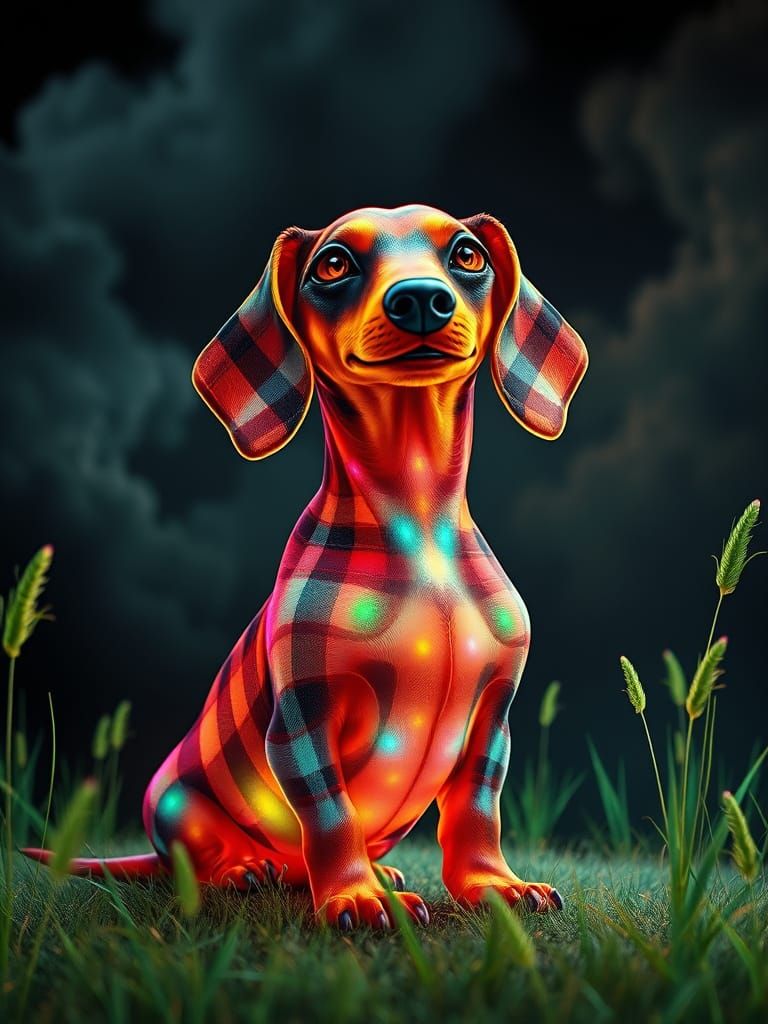 Bioluminescent Plaid Dachshund with Stained Glass Artistry