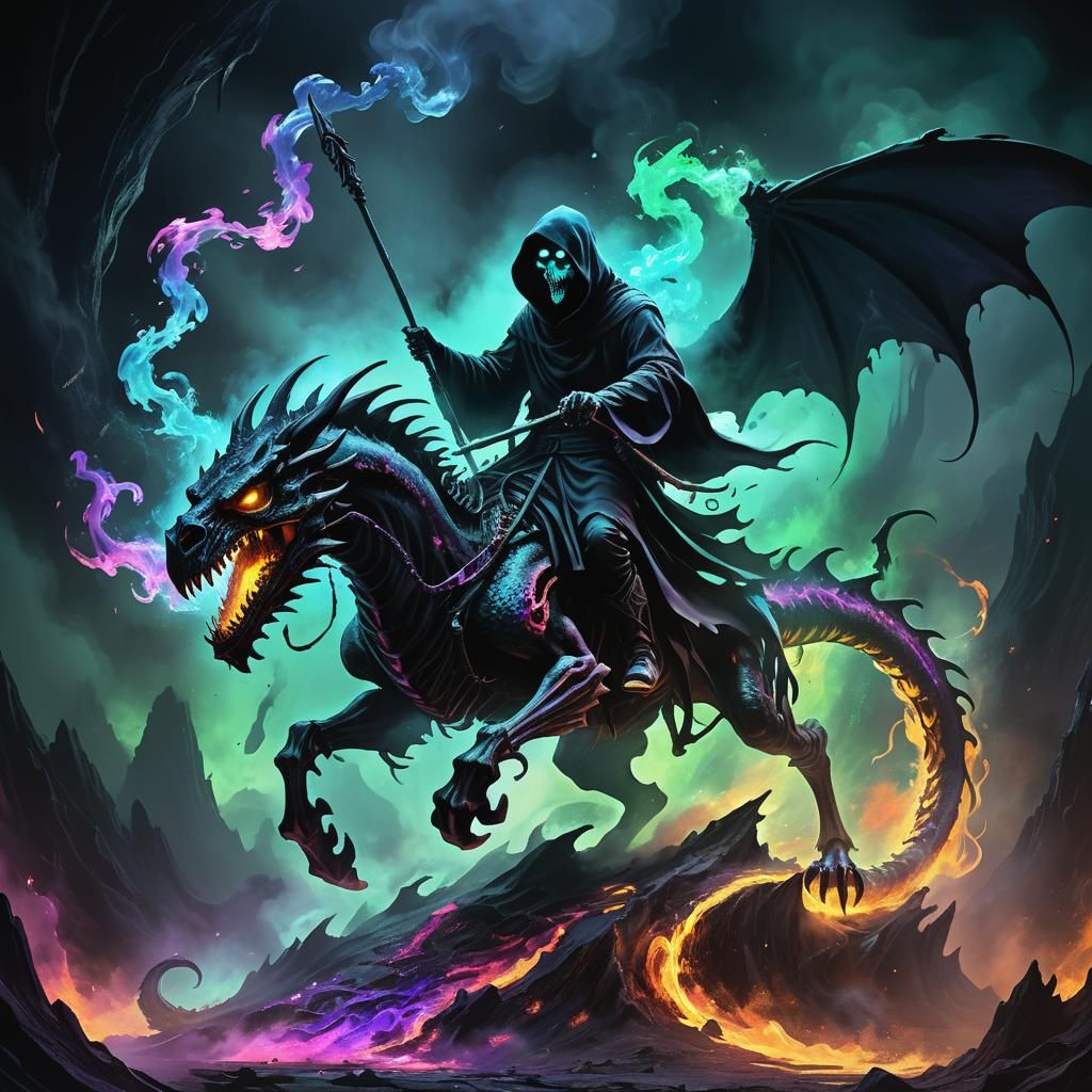Grim Reaper Rides Dragon of Iridescent Smoke