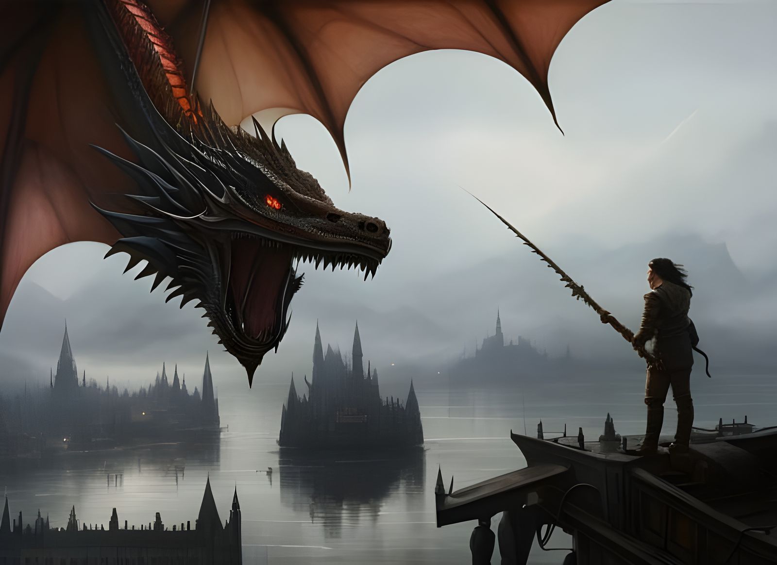 Epic Dragon Over Lakeside City