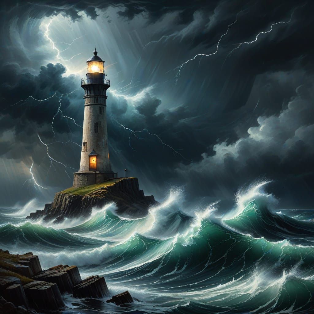 Lighthouse Keeper Faces Tempest in Dramatic Digital Painting