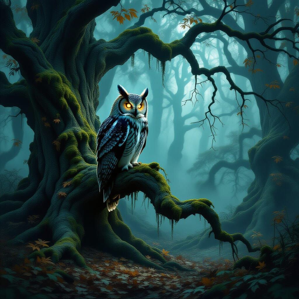 Ancient Owl's Eerie Glow in Twilight Forest