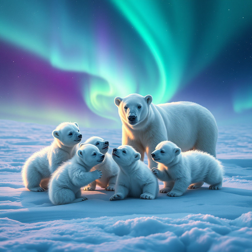 Arctic Polar Bear Cubs Under Aurora Borealis