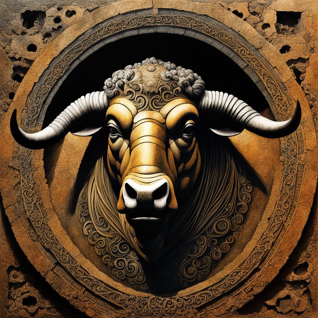 Minotaur Portrait in Crumbling Coliseum, Mixed Media