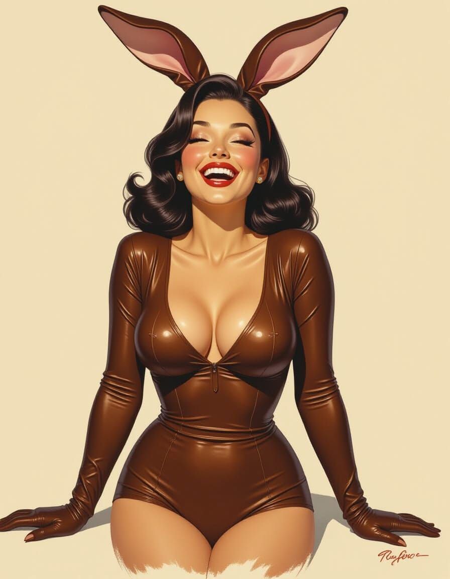 Brunette in Bunny Suit, Pin-Up Watercolor Art