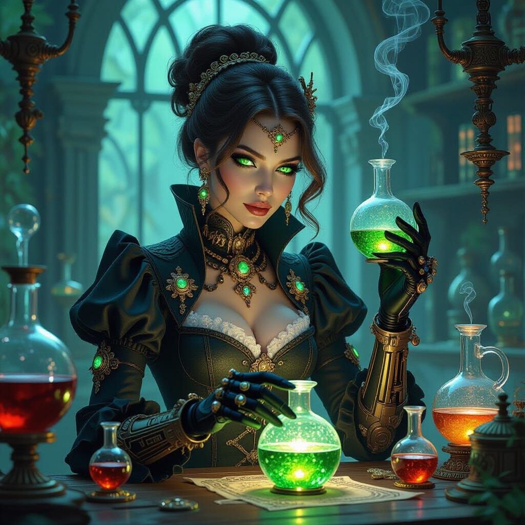 Gothic Cyborg Alchemist in Victorian Laboratory