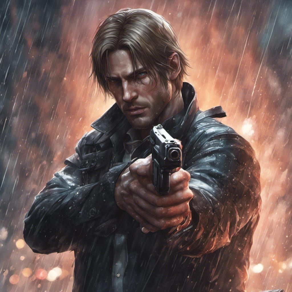 Leon Kennedy Portrait in Rain, Hyperdetailed Concept Art