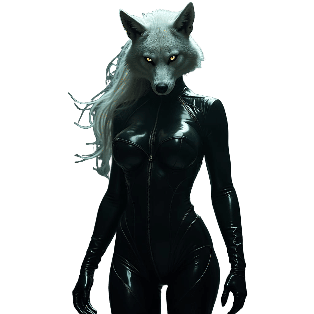 Menacing Hyperrealistic Female Wolf Hybrid in Latex