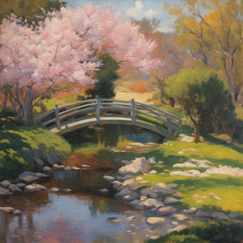 Impressionist Japanese Garden in Cherry Blossom Season