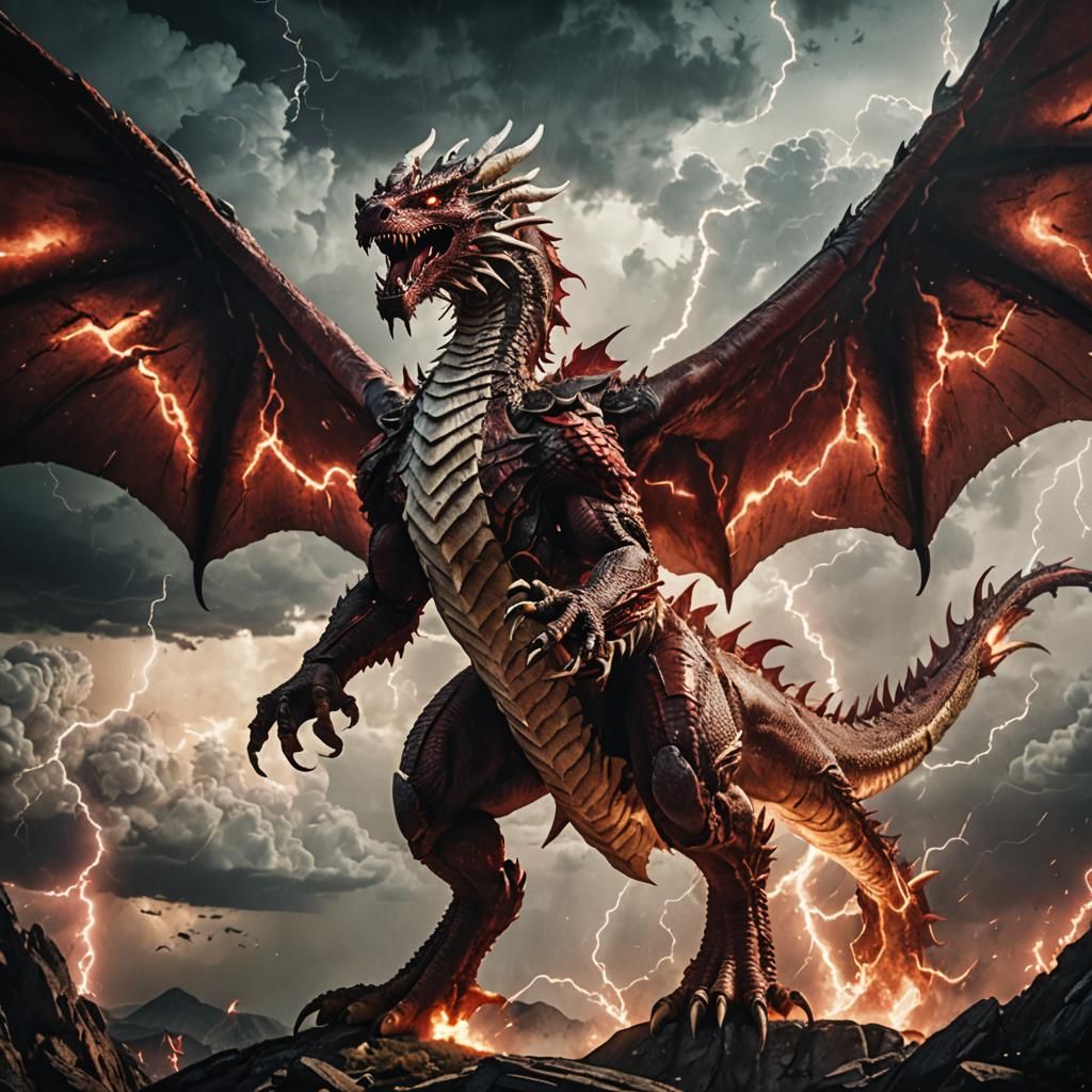 Epic Red and White Dragon in Thunderstorm
