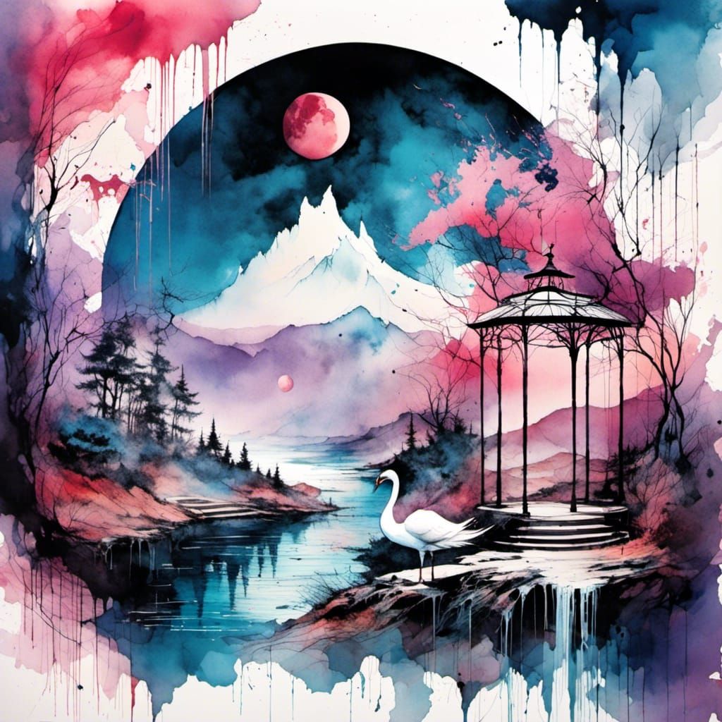 Gazebo and Swan Under Pink Moon in Watercolor Style