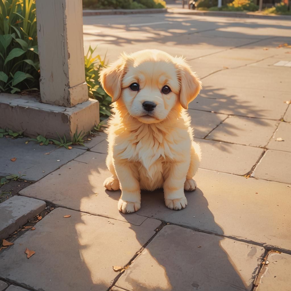 Yellow Puppy Waiting: Manga-Style Digital Art