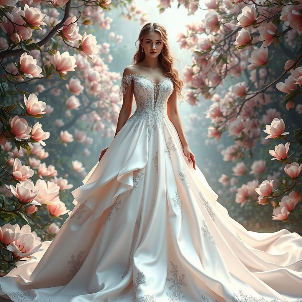 Woman in Magnolia Wedding Dress in Dreamlike Realm