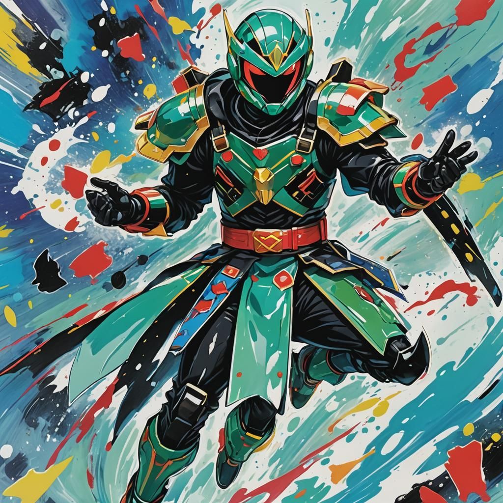 Ninja Kamen Rider with Floating Cards in Abstract Expression...