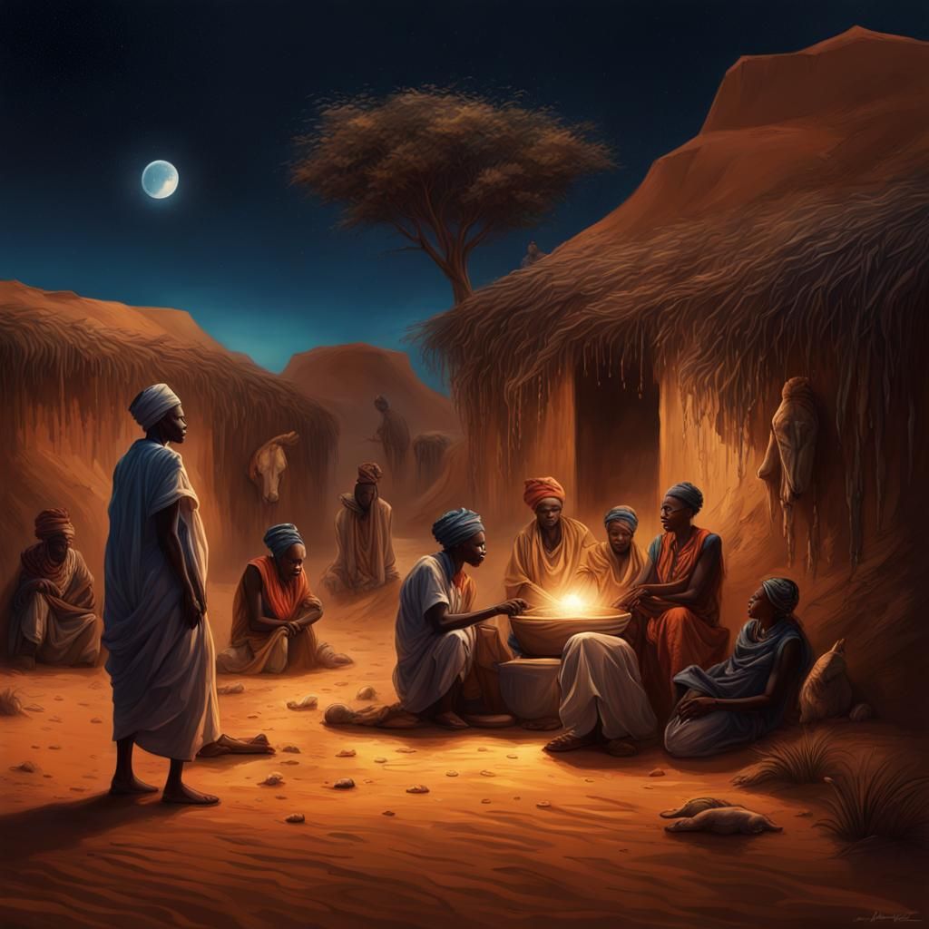 African Village Celebrates Birth: Hyperrealistic Night Scene