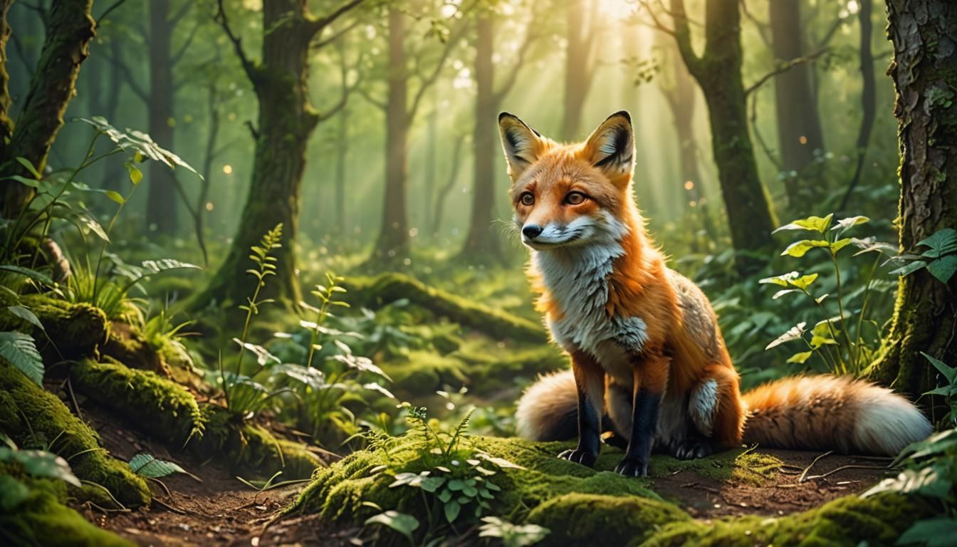 Tiny Fox in Mystical Forest, Whimsical Fantasy Art