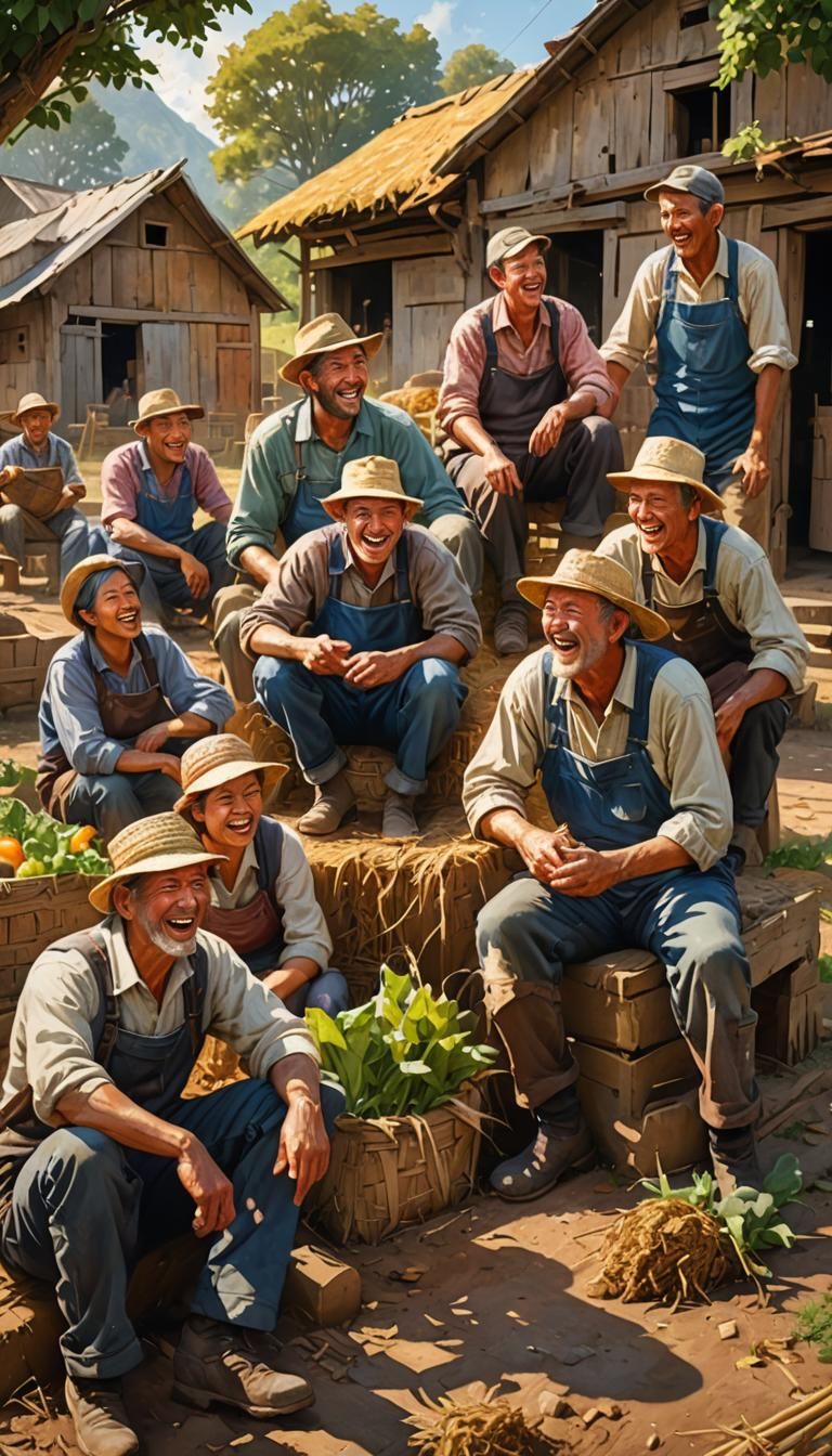 Hyperrealistic Village Scene with Laughing Farmers