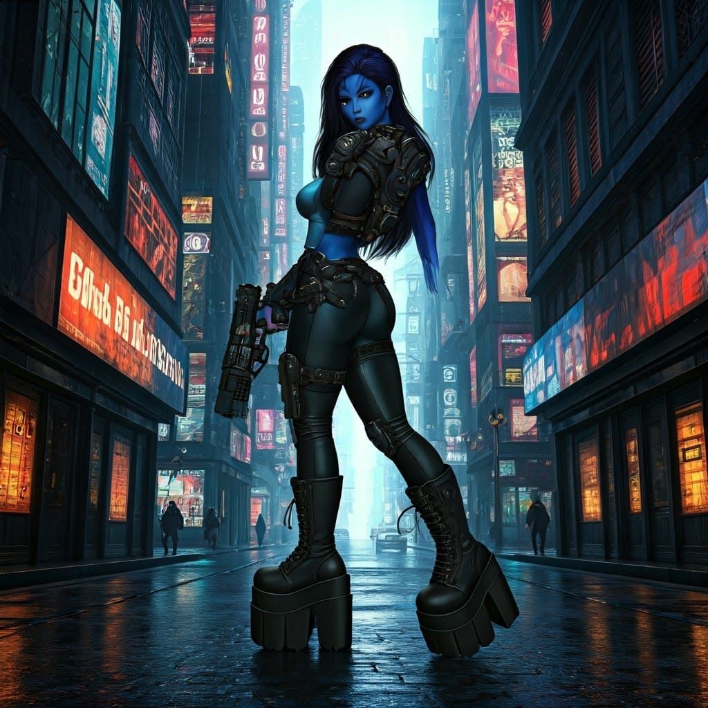 Cyberpunk Blue Woman with Futuristic Pistol