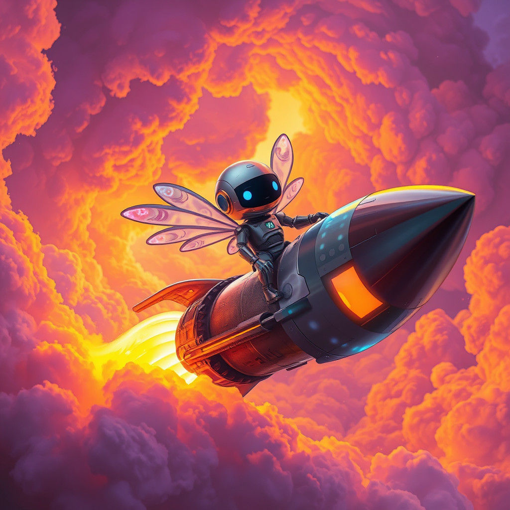 Robot on Rocket in Dreamlike Sci-Fi Landscape