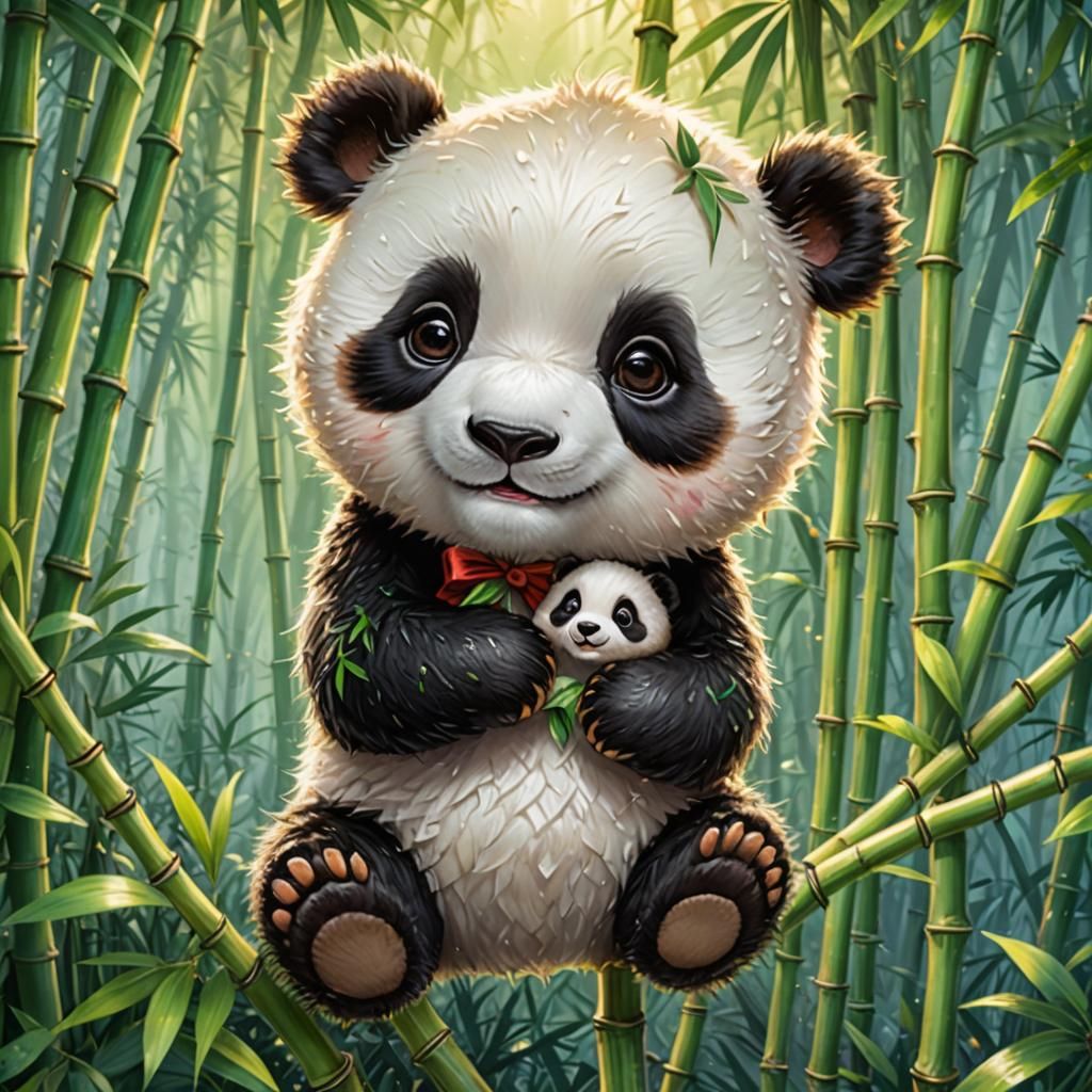 Christmas Panda in Chibi Style with Lush Forest