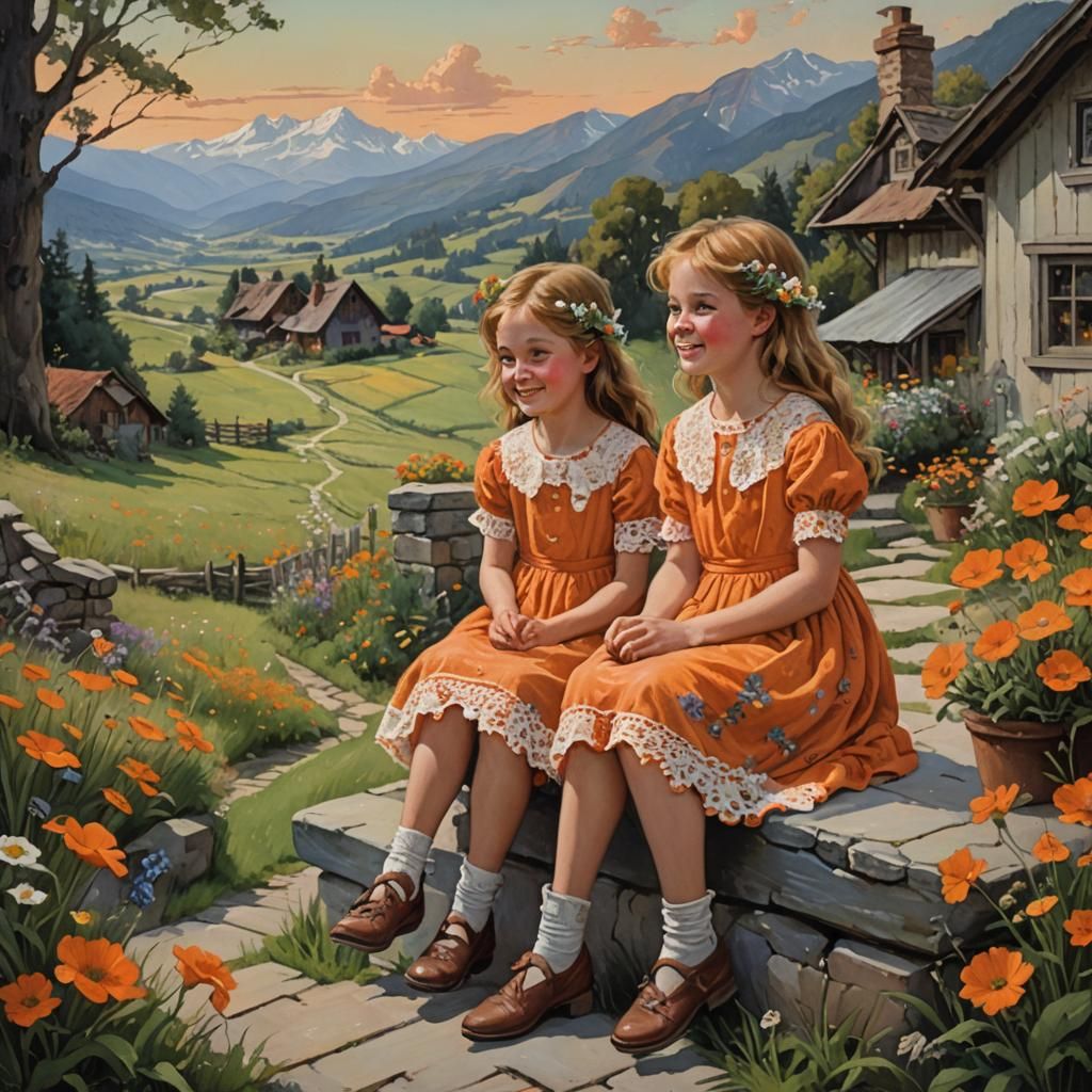 Girls Giggling in Meadow, Oil Painting