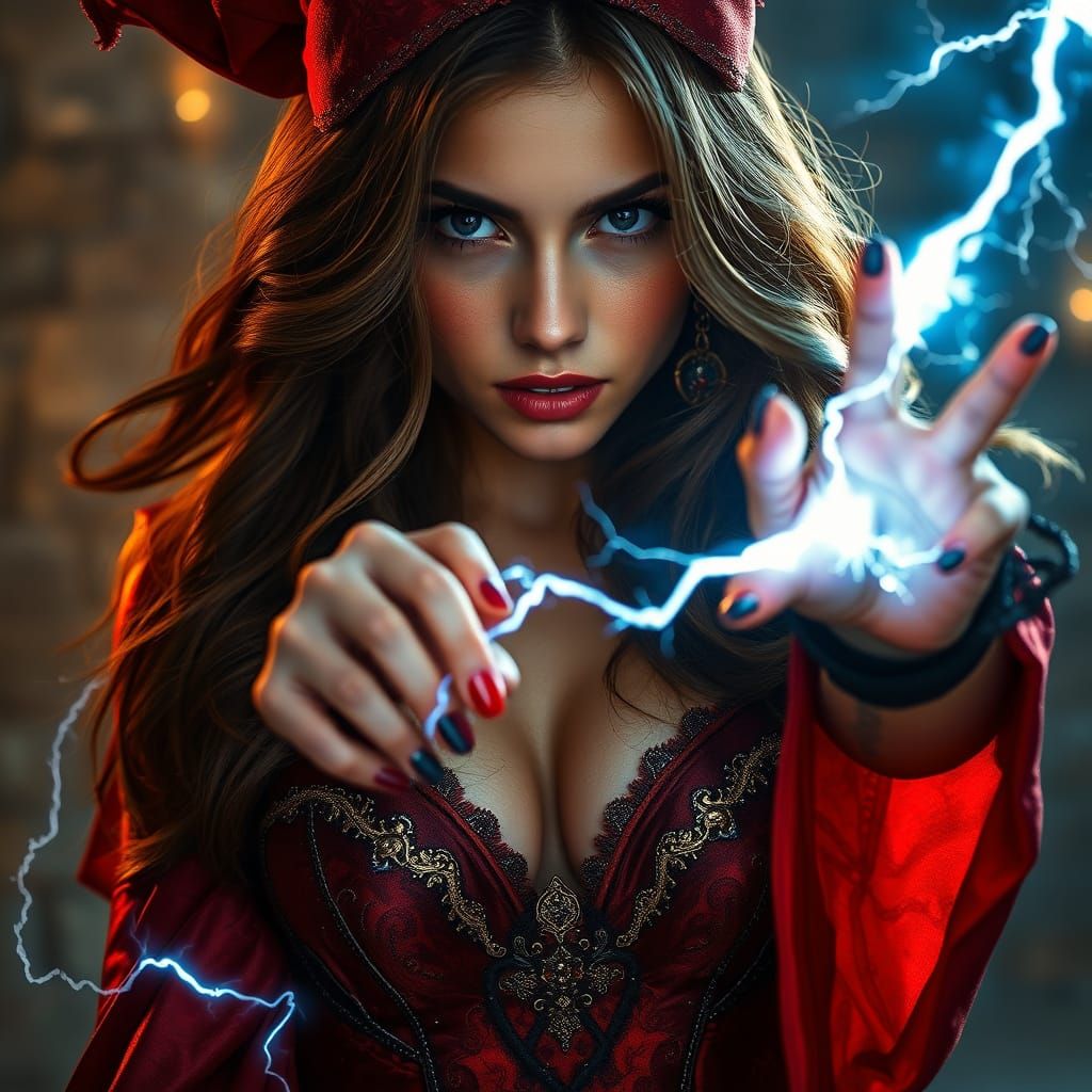 Flirty Sorceress Casting Lightning Spell in Fairytale Settin...