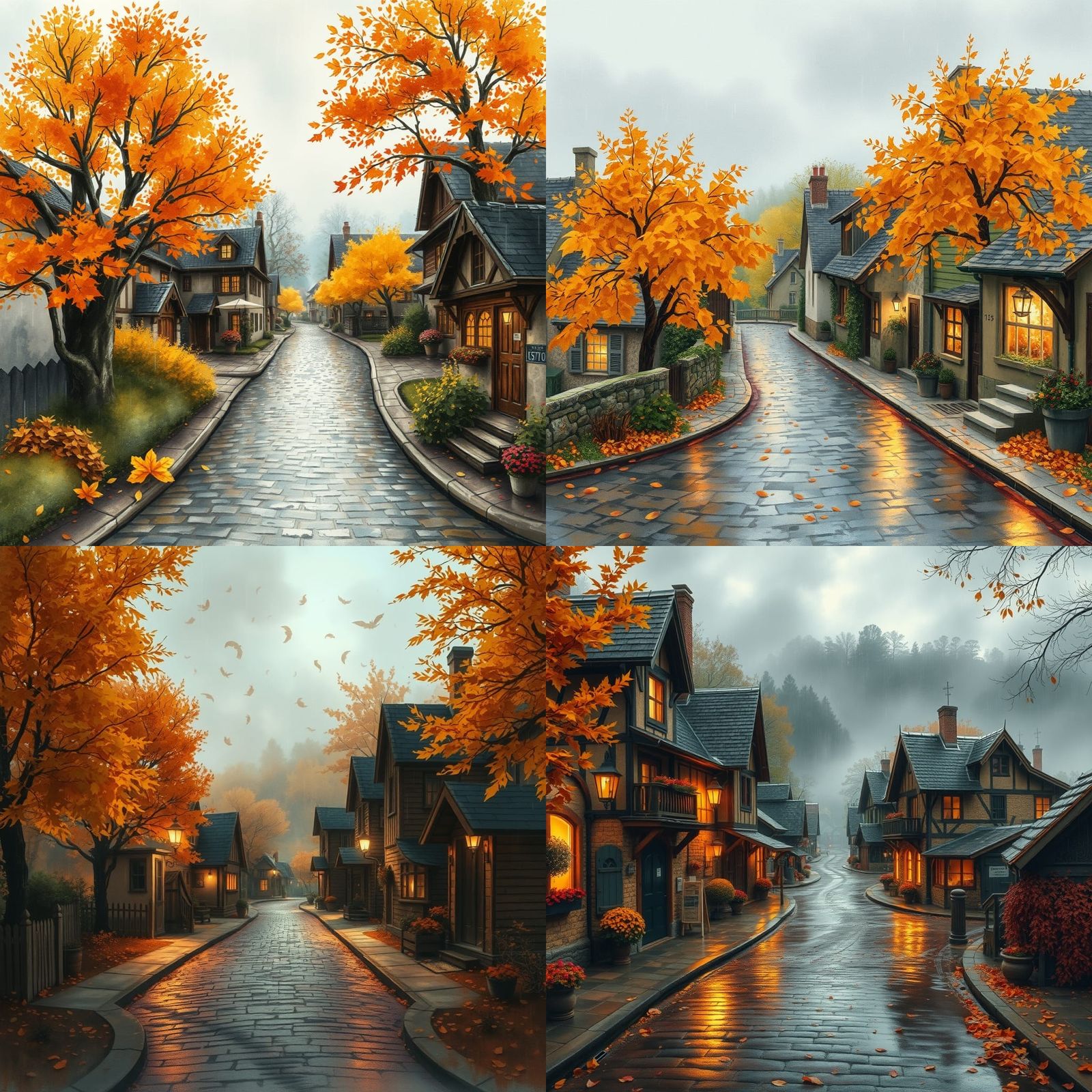 Rainy Autumn Village in Watercolor and Alcohol Ink