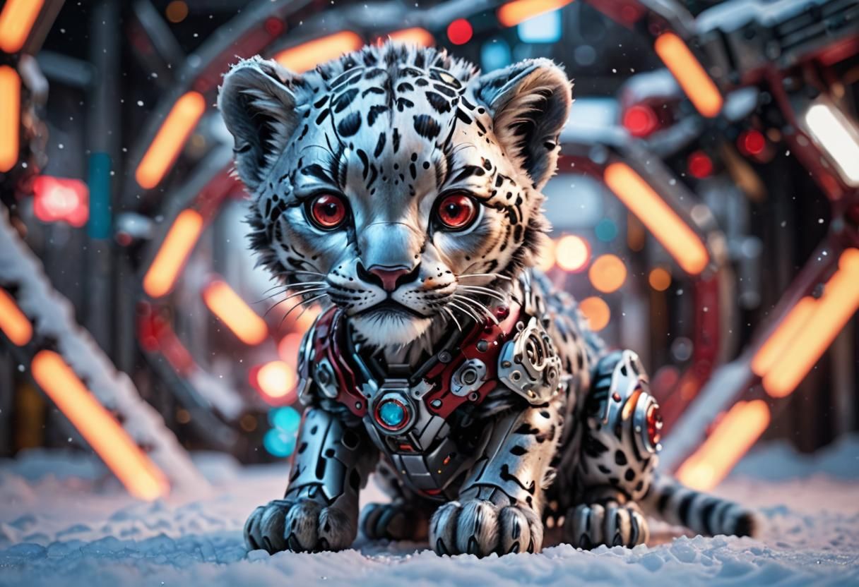 Cyborg Snow Leopard with Red Robotic Eyes