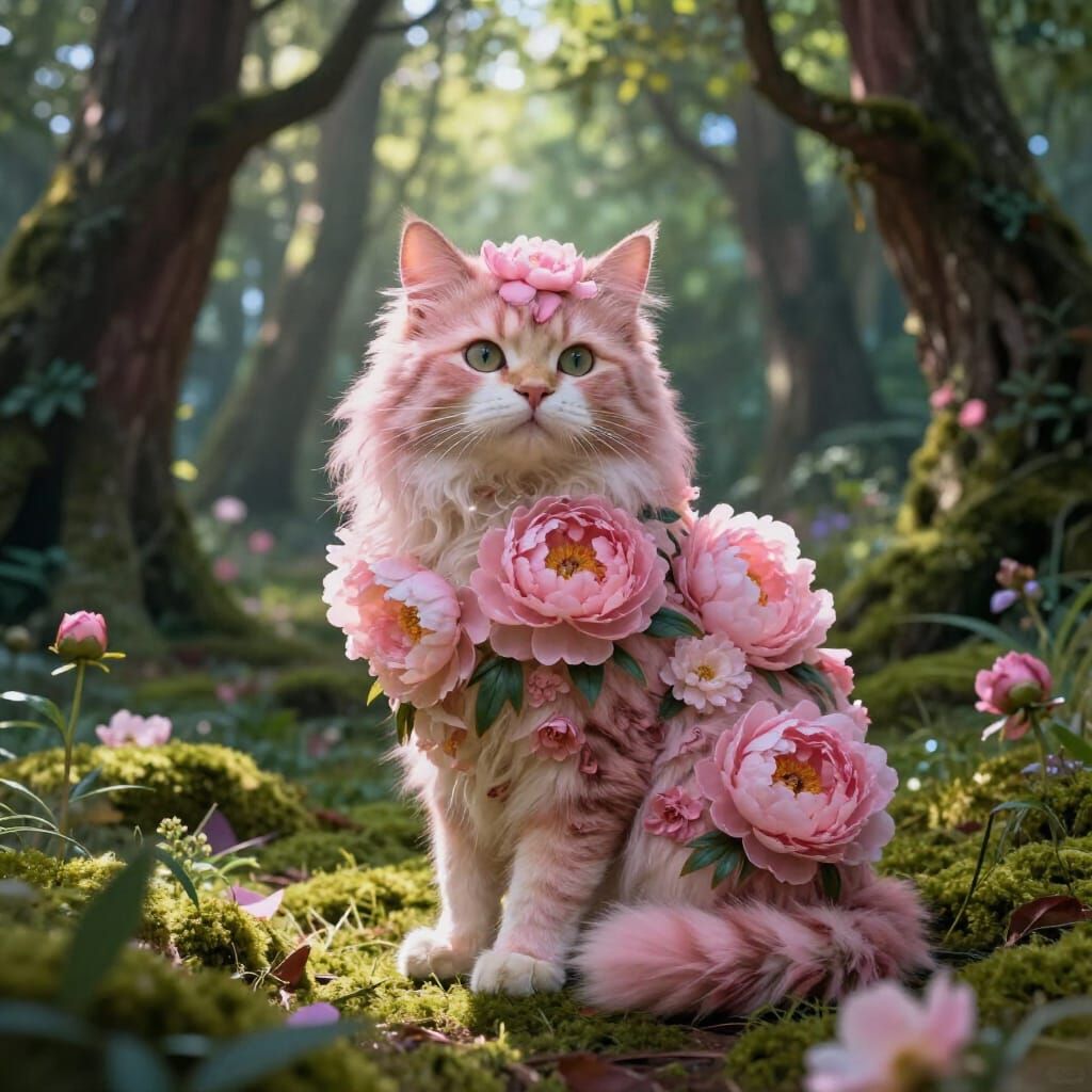 Fantasy cat covered in large peony pink flowers sitting in a forest.