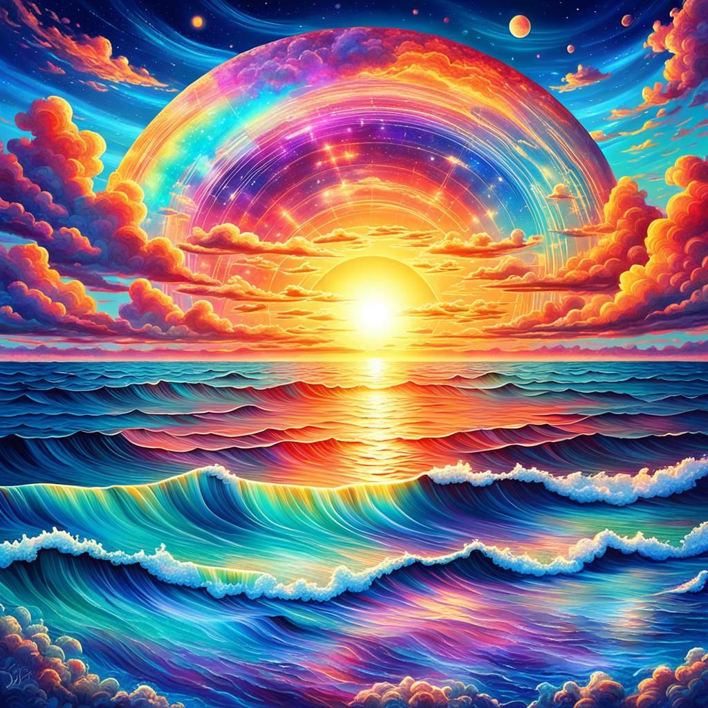 Cosmic Sunset Over Calm Sea: Holographic Illustration