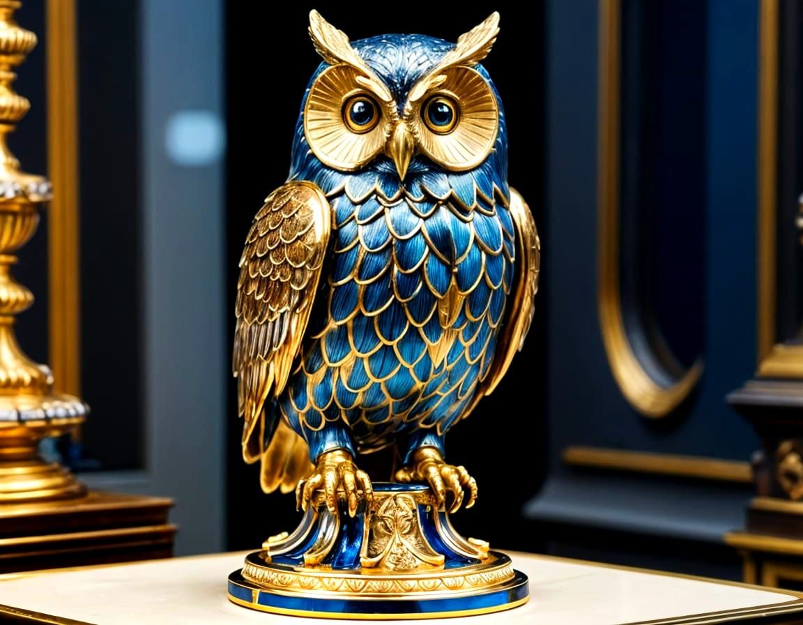 Enamel Owl Statue in Faberge Style, 8K