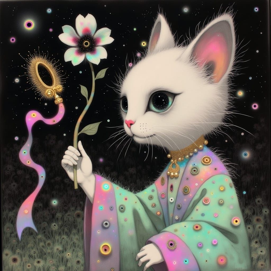 Regal Cosmic Cat Unveils Golden Key in Vibrant Dreamscape