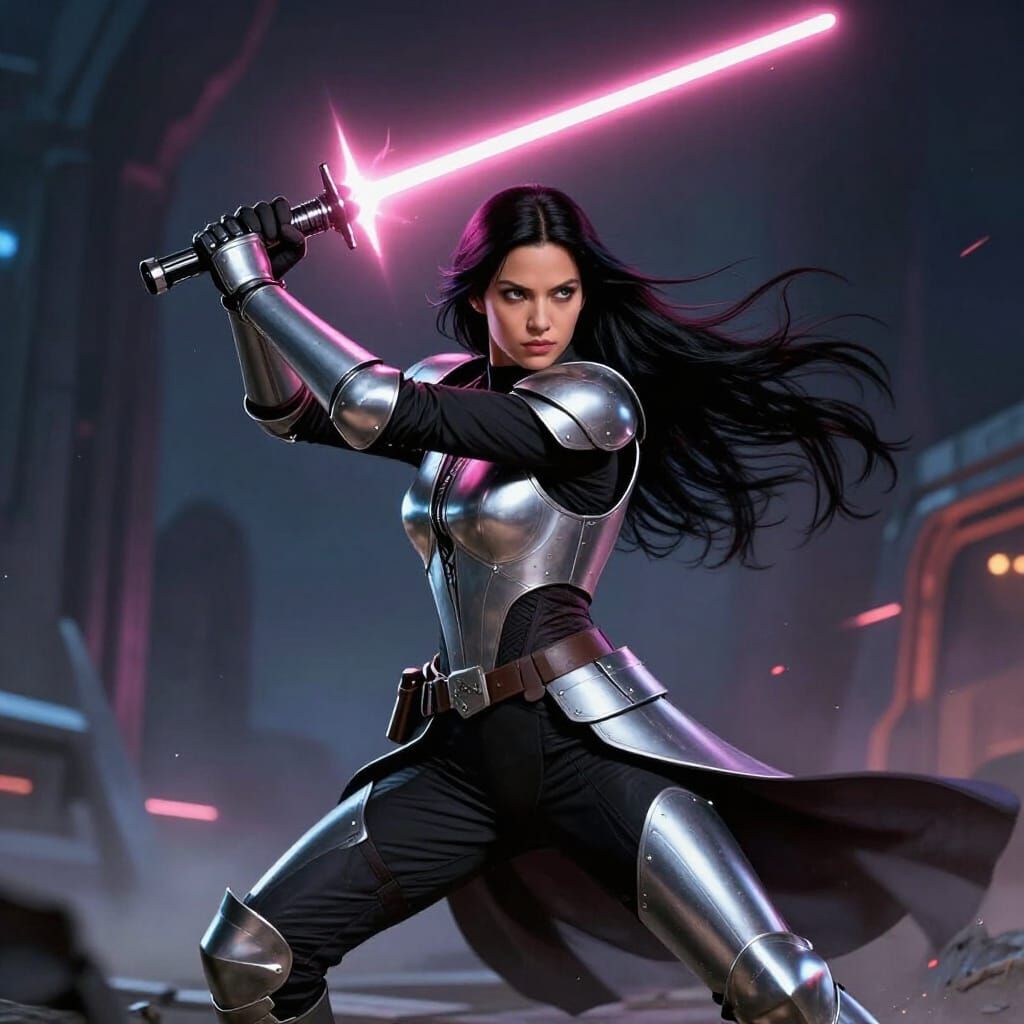 Female Jedi in Silver Armor with Pink Lightsaber