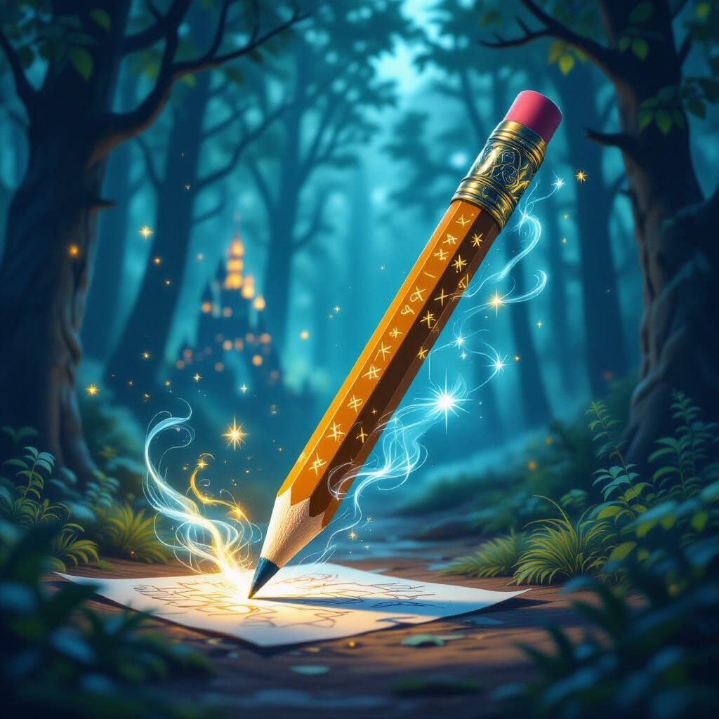 Enchanted Pencil Creating Worlds in Ethereal Forest