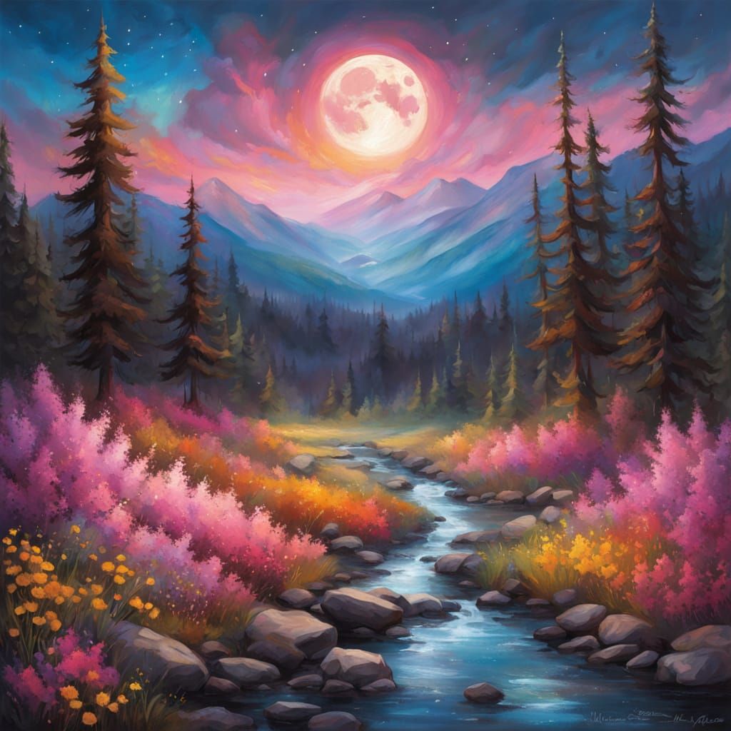 Vibrant Wildflower Landscape with Moonlit Sky