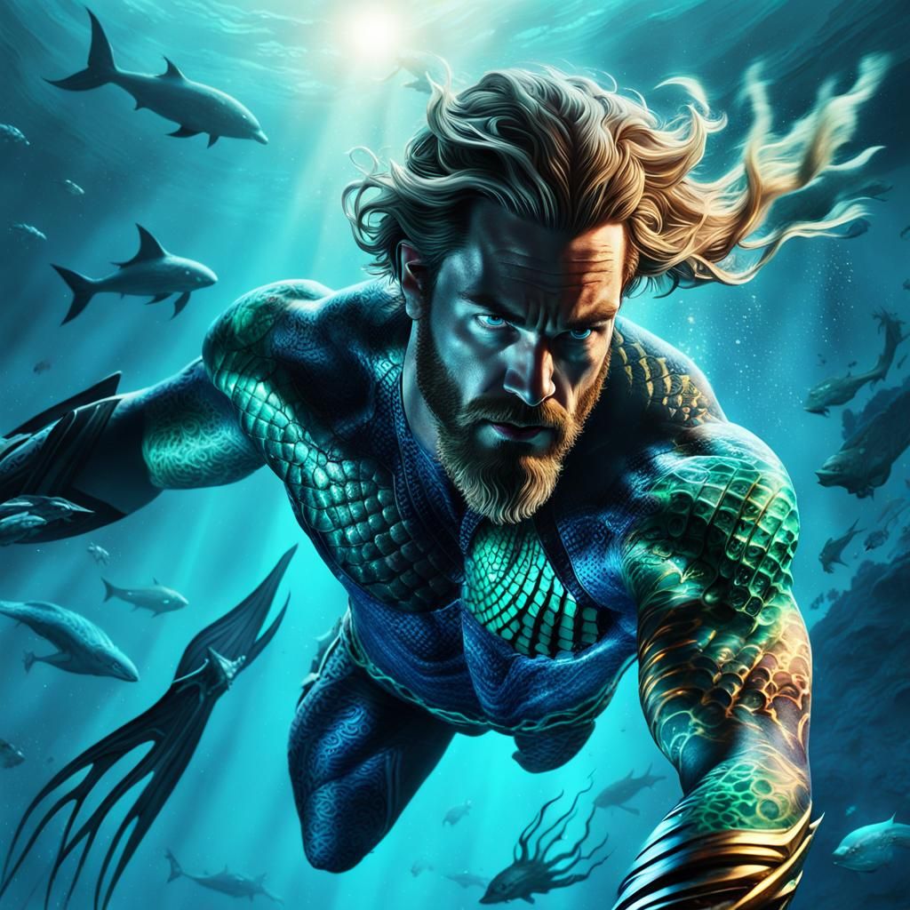 Aquaman Diving in Deep Ocean with Tribal Tattoos