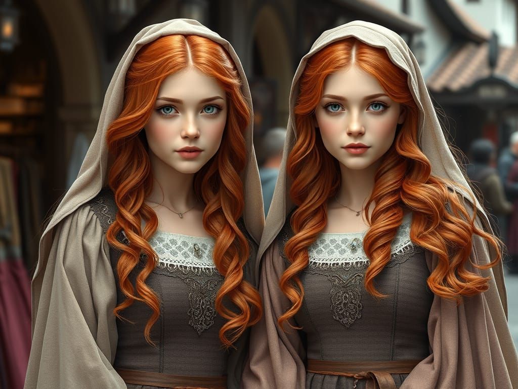 Medieval Twin Sisters in Vibrant Romania Dresses Outside a B...