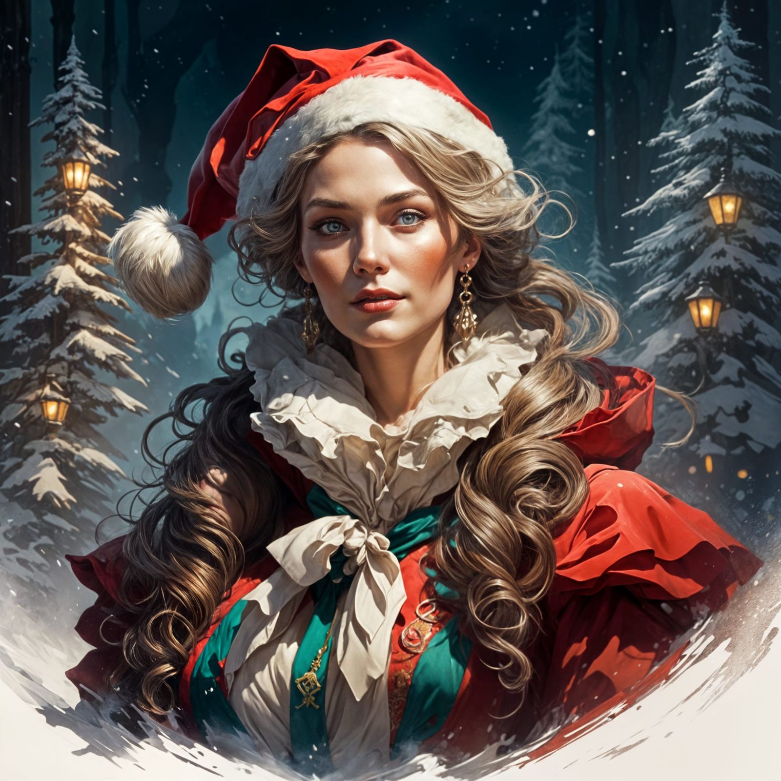 Watercolor Portrait of Ms. Claus in Vintage Style