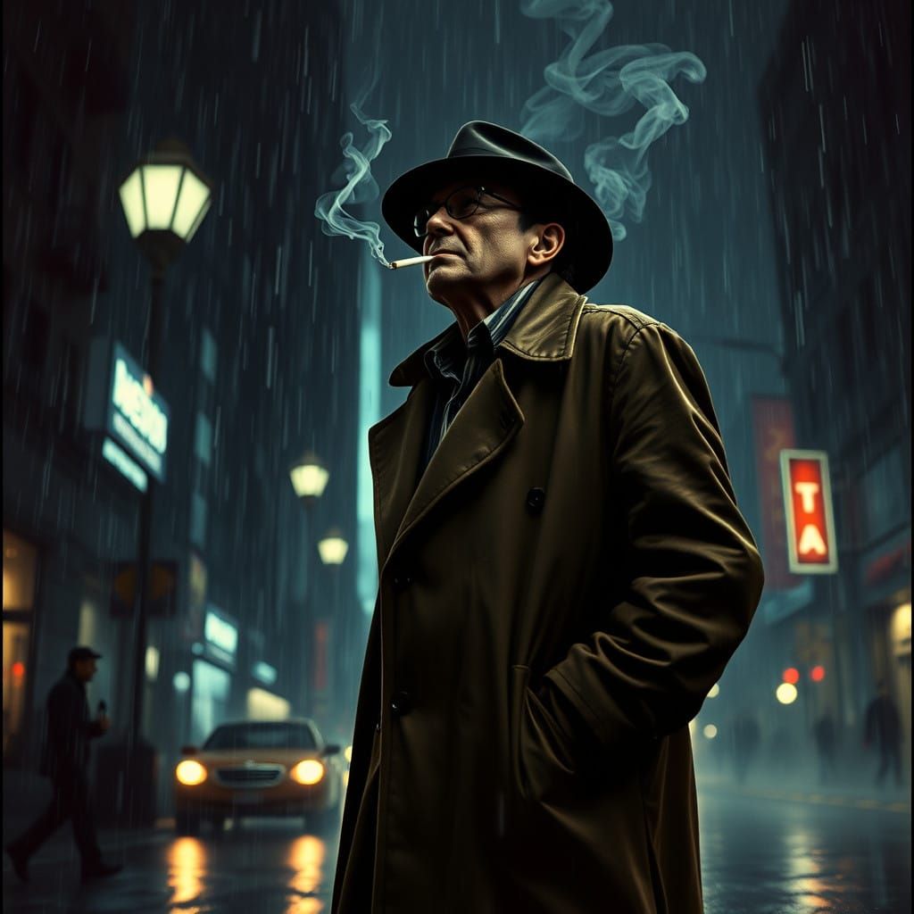 Gritty Film Noir Detective in the Rainy City