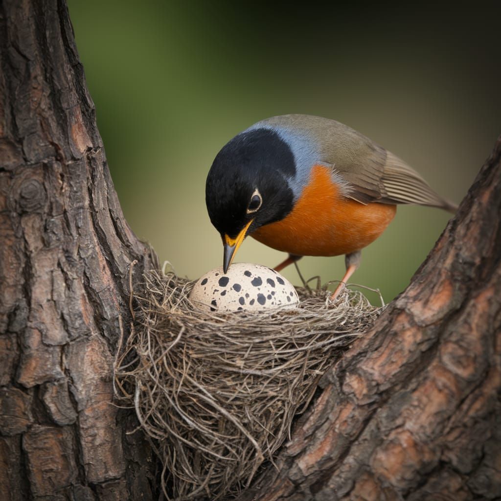 Robin Mother Tending to Her Nest in Moody Hyperrealistic Sty...