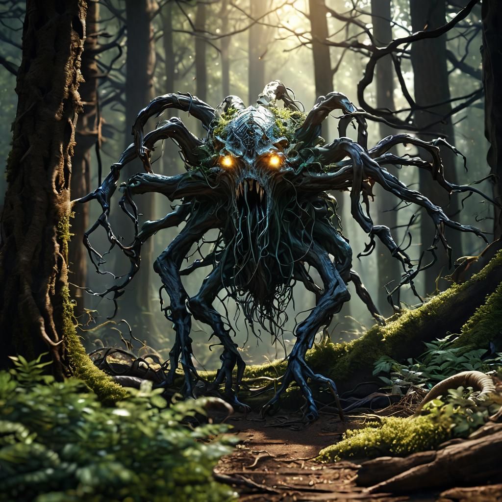 Eldritch Abomination in Sunny Forest: Hyperrealistic Horror