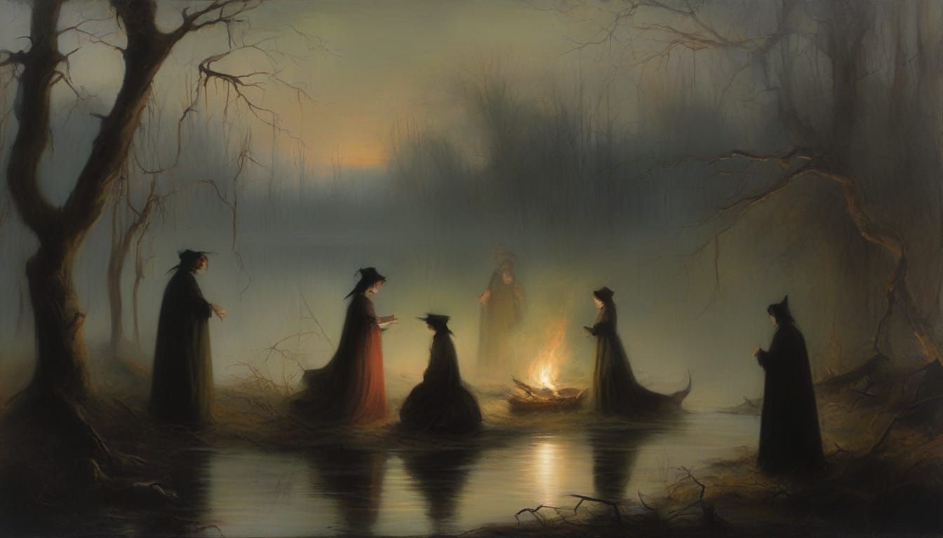 Witch's Séance in Atmospheric Swamp, Goya-Inspired Oil Paint...