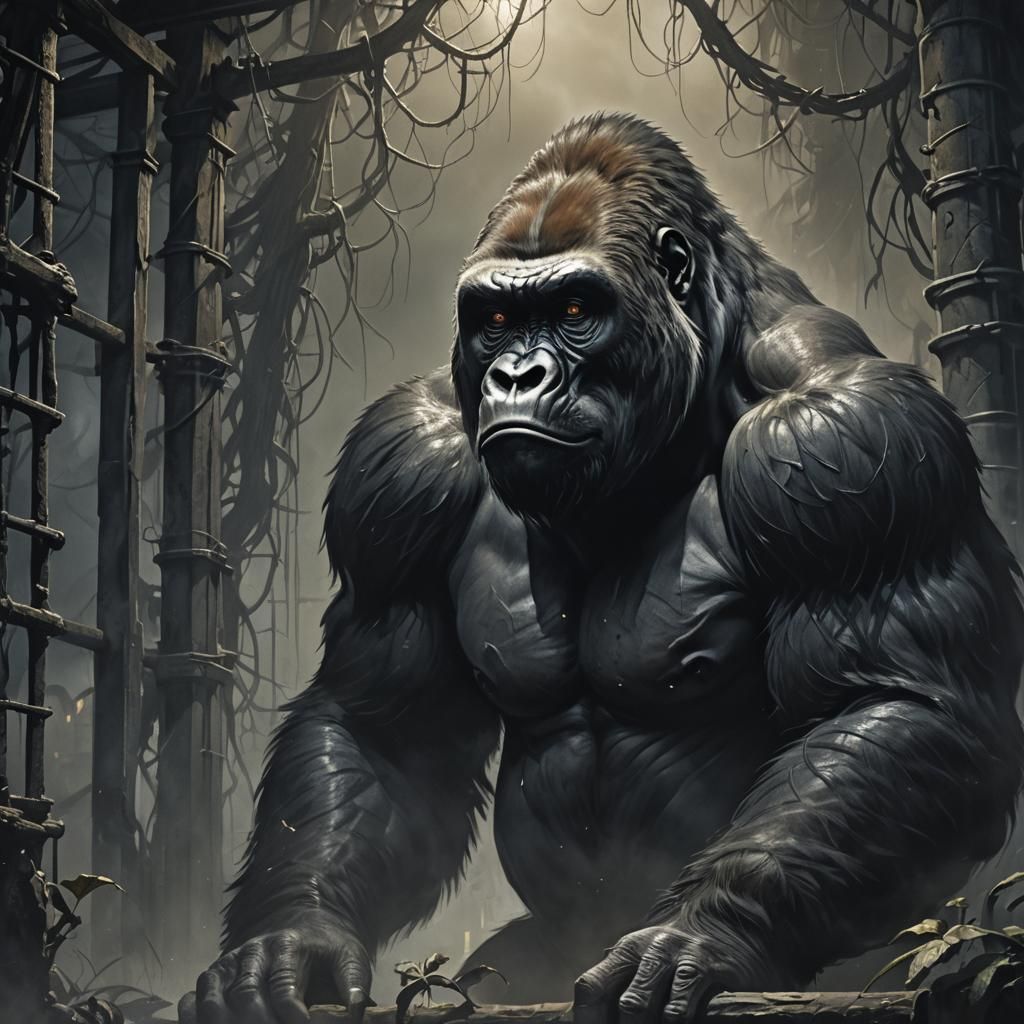 Menacing Gorilla in Dark Zoo Enclosure
