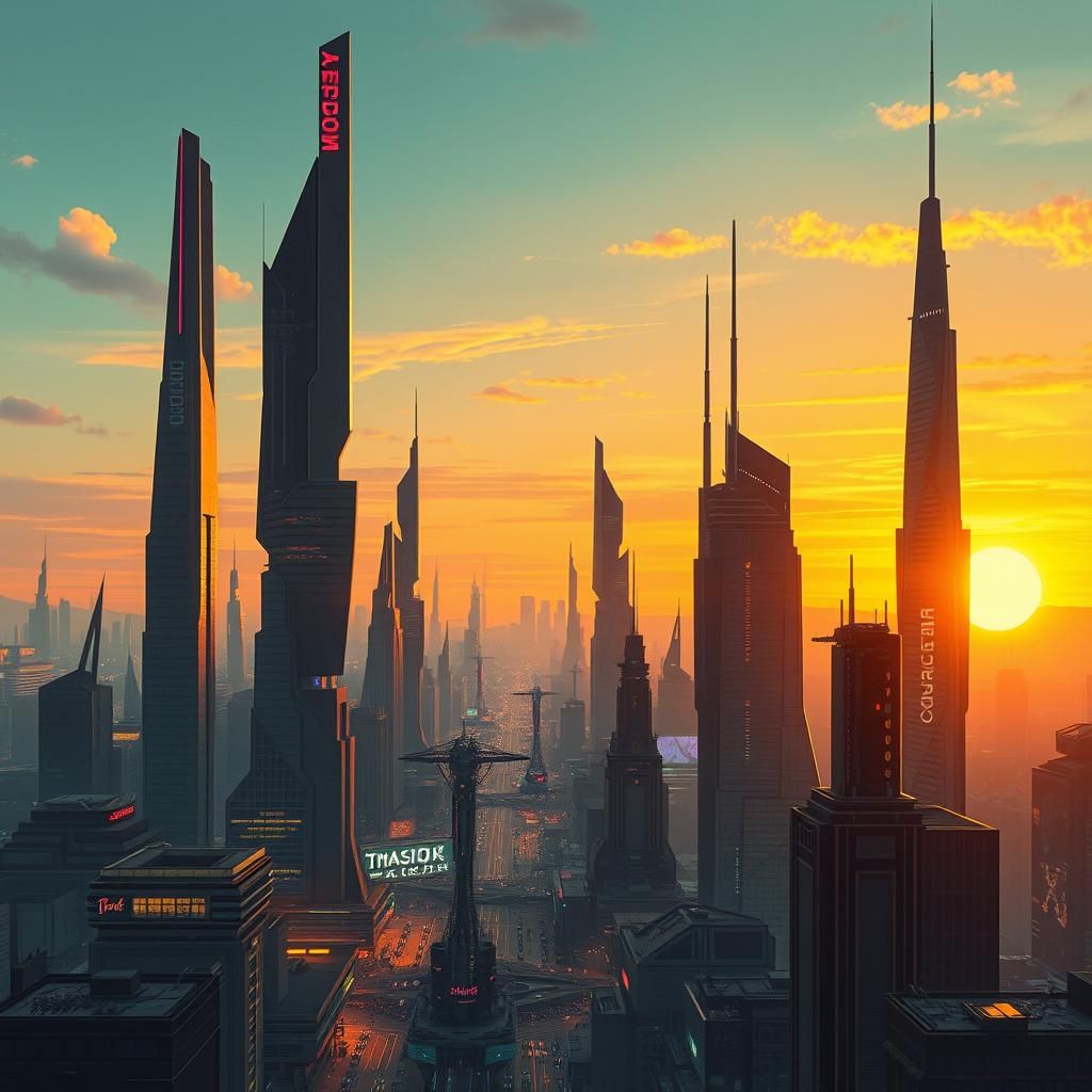Futuristic Cityscape at Sunset in High-Tech Style