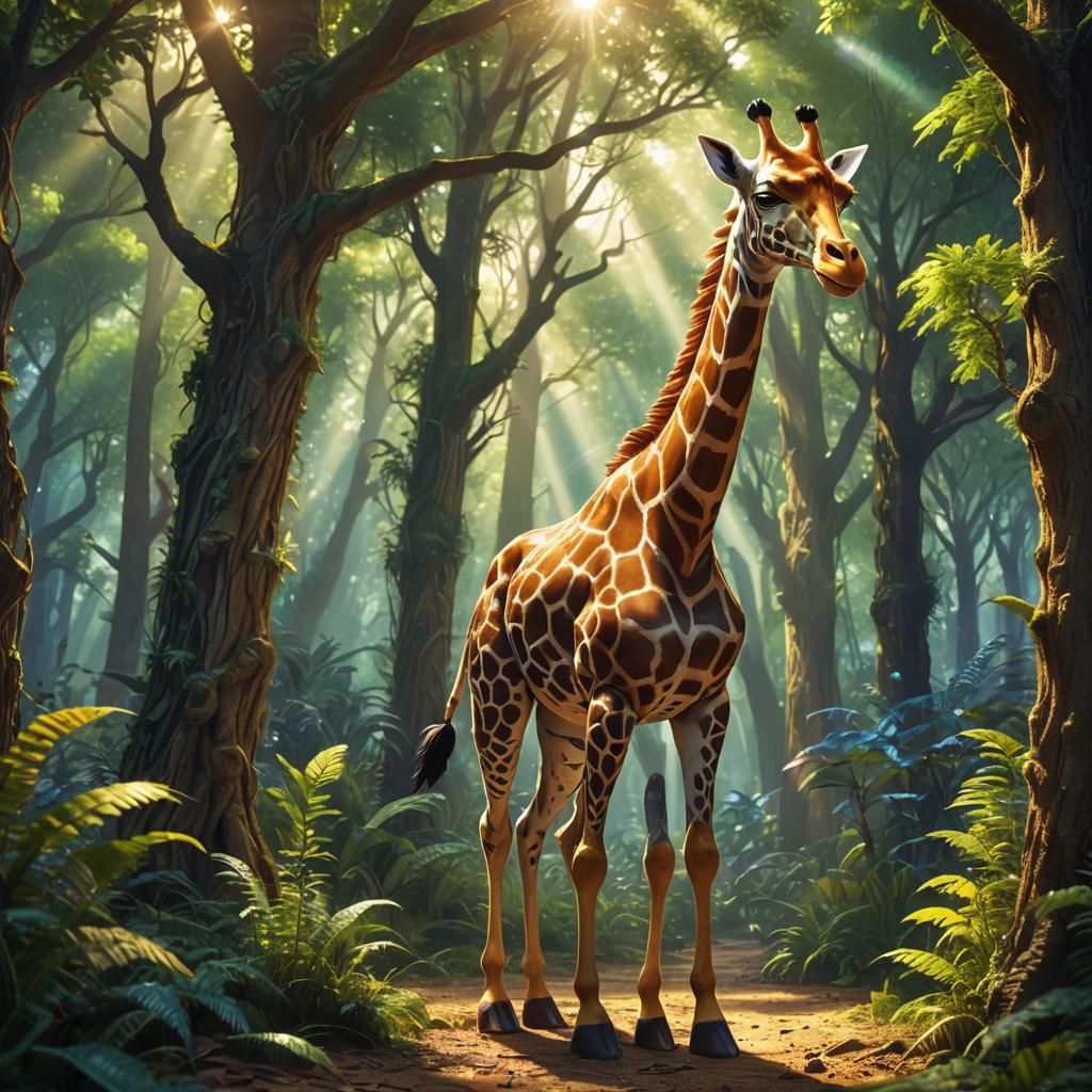 Mystical Forest Encounter: A Digimon and Giraffe in Harmony