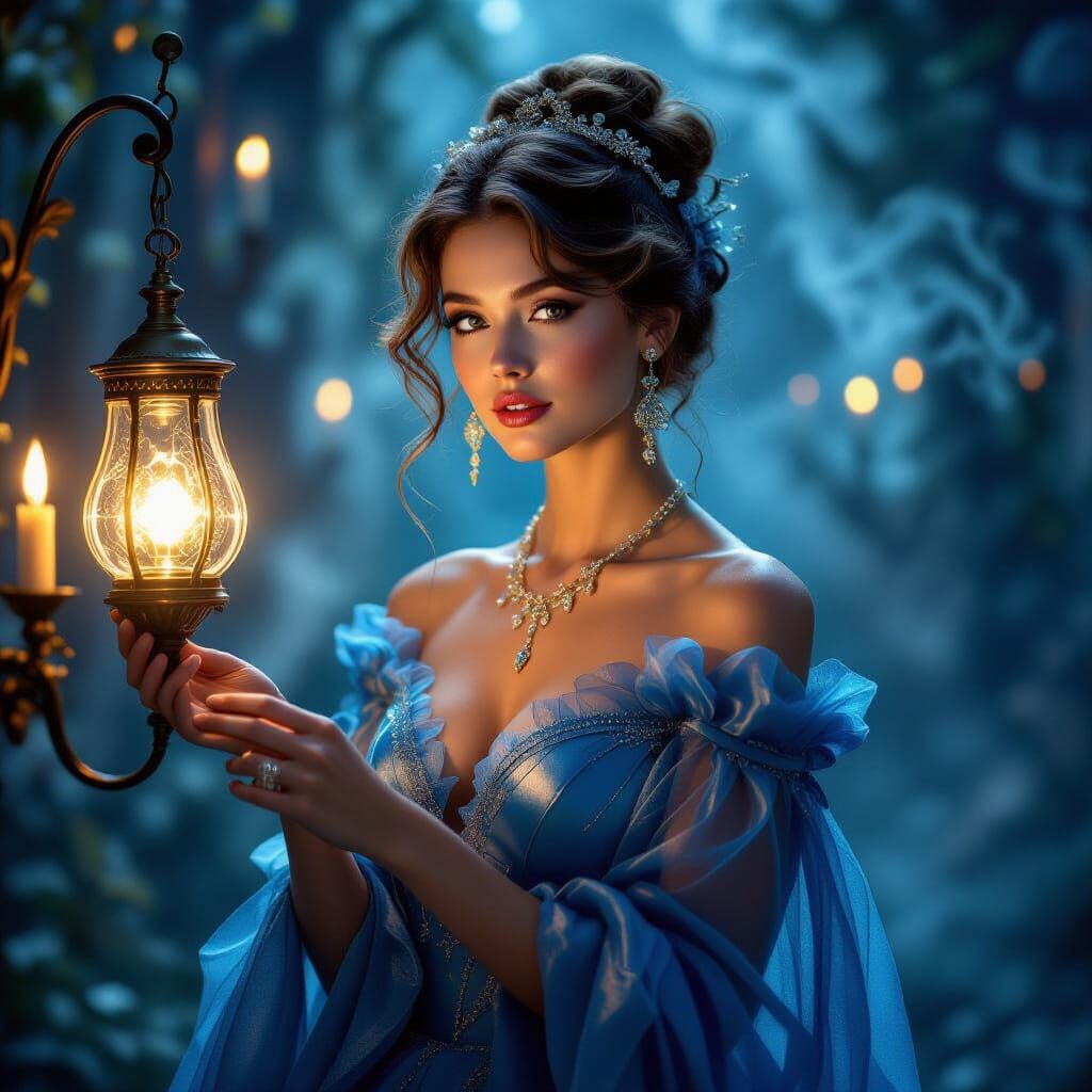 Elegant Genie Emerges from Golden Lamp in Art Nouveau Style