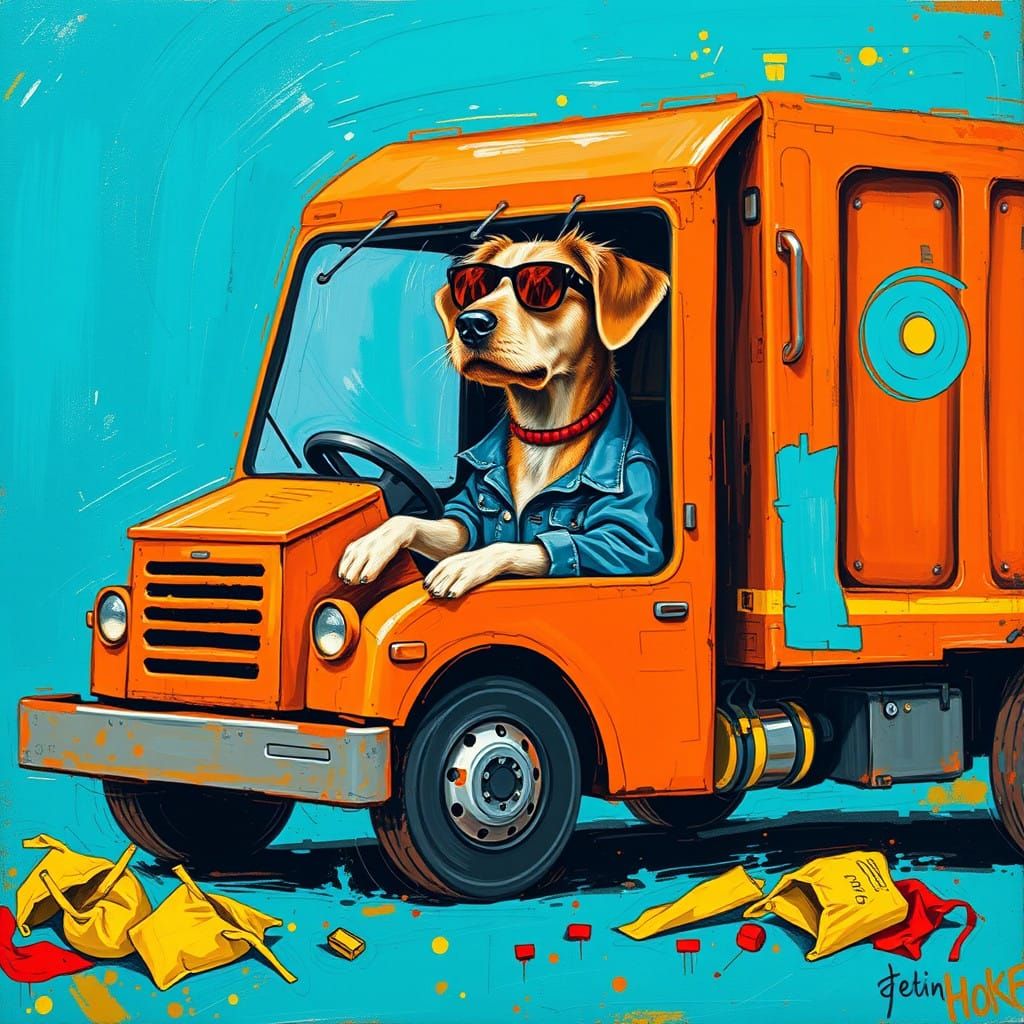 Vibrant Canine Chauffeur in a Bright Orange Garbage Truck