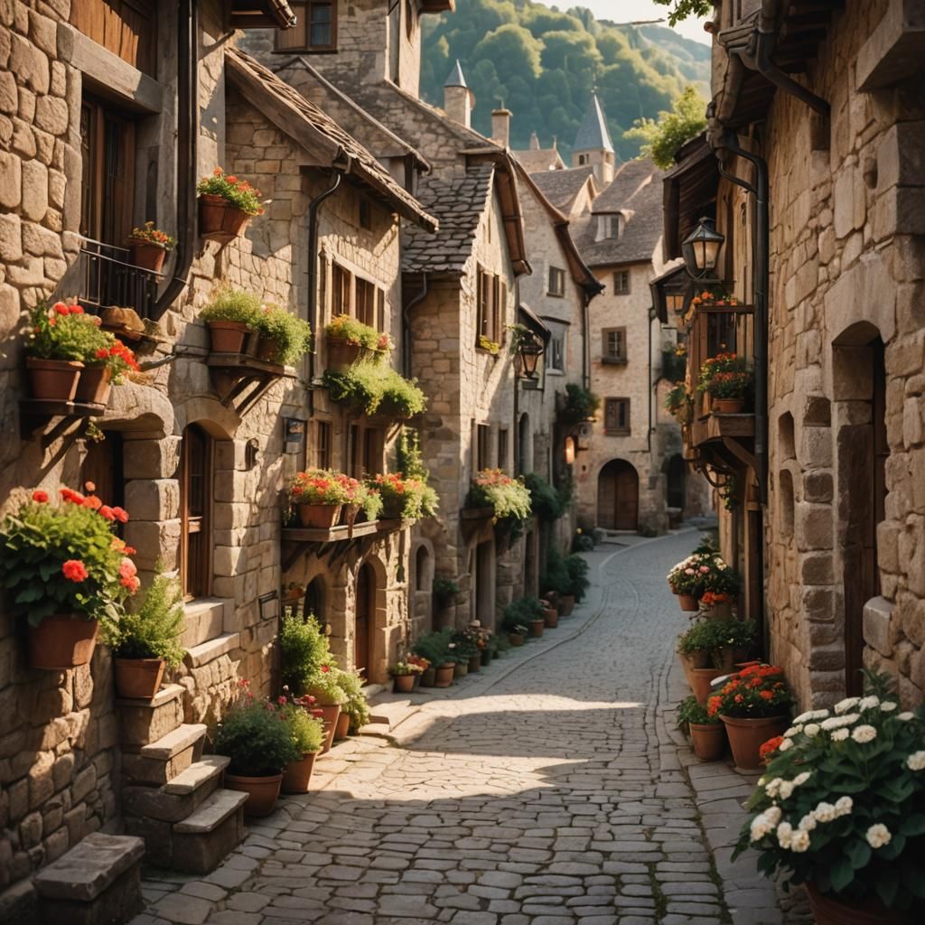 Charming Medieval Village with Stone Houses and Flowers