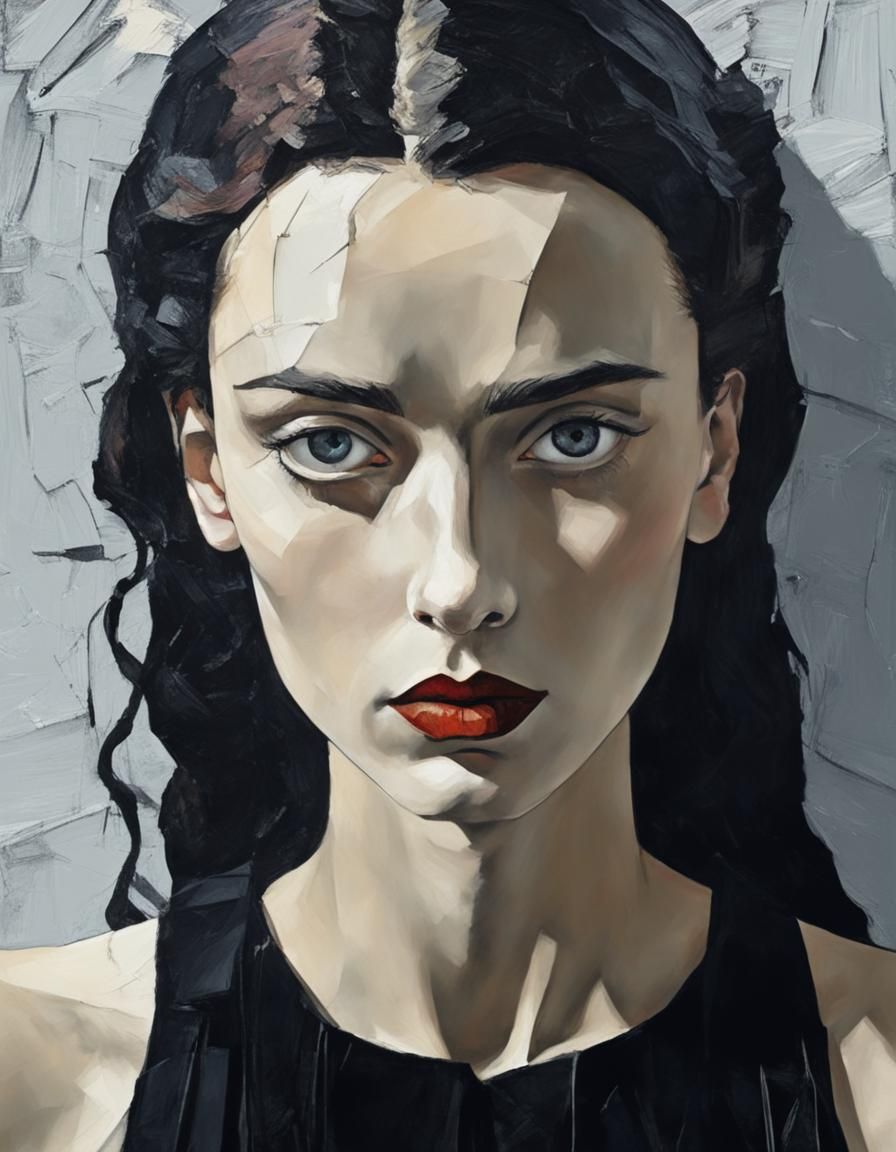 Goth Girl Portrait in High Contrast Impasto Style