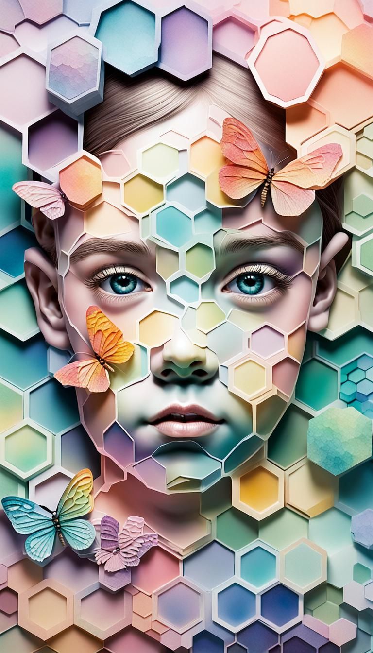 Hexagon Girl Macro Image with Pastel Butterfly