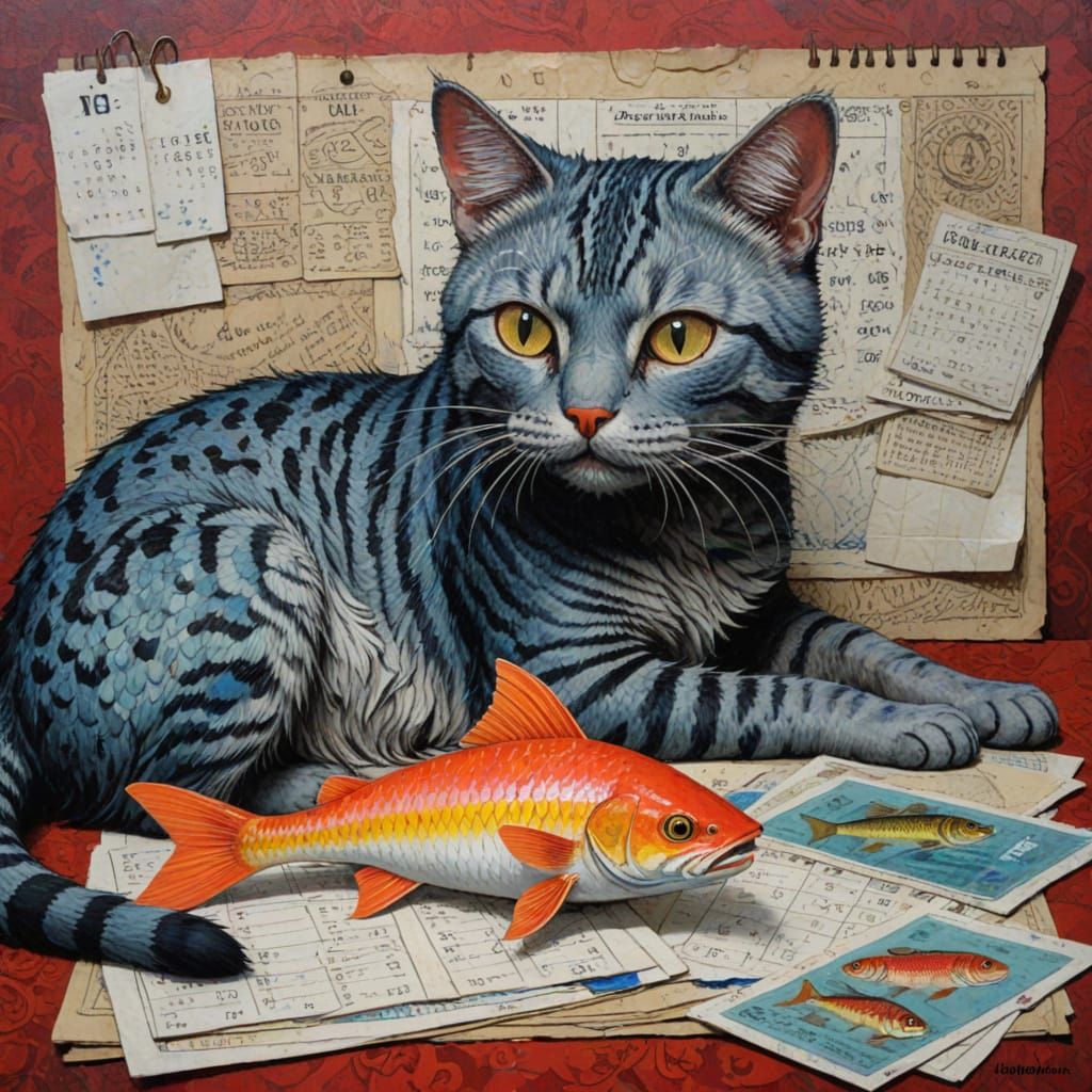 Surreal Feline and Fish in Neo-Expressionist Oil Painting